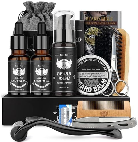 PRIMEGA Kit Barbe Homme Complet Kit de Soin Barbe Homme avec Rouleau Barbe Contenir Shampoing Barbe,Huile Barbe,Crèmes de Barbe, Peigne Barbe,Brosse à Barbe,Ciseaux Barbe, Rasoir,ames Barbe