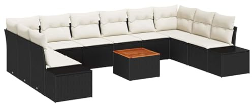 vidaXL 11-delars trädgårdsoffset med kuddar svart poly rattan akacia modern utomhusmöbler för patio eller sommarsittning