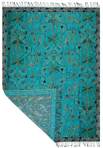 Lorenzo Cana - Decke Jacquard gewebt aus Baumwolle mit feinster Wolle vom Merino Lamm, Wohndecke Sofadecke Picknickdecke Kuscheldecke Plaid türkis 140 cm x 200 cm - 96318
