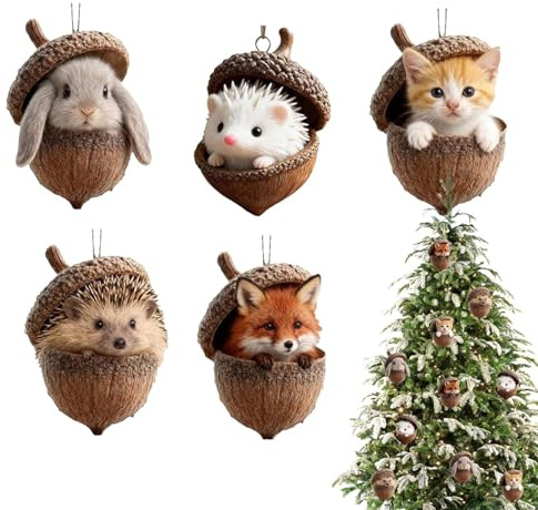 5 Stück Mini Waldtier Eichels Ornamente, 2D Flache Acryl Tiere Tannenzapfen Weihnachtsbaumschmuck Deko, Niedliche Tier Hängenden Weihnachtsschmuck Anhänger für Kaminsims, Fenster, Wand 3,7cm