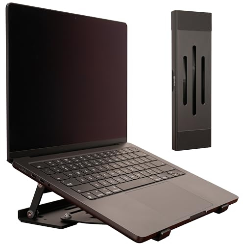Psitek Soporte elevador de aluminio plegable y portátil 3 en 1 ajustable, soporte de refrigeración plegable con caja de almacenamiento integrada, regla y diseño portátil ultrafino para MacBook, tablet