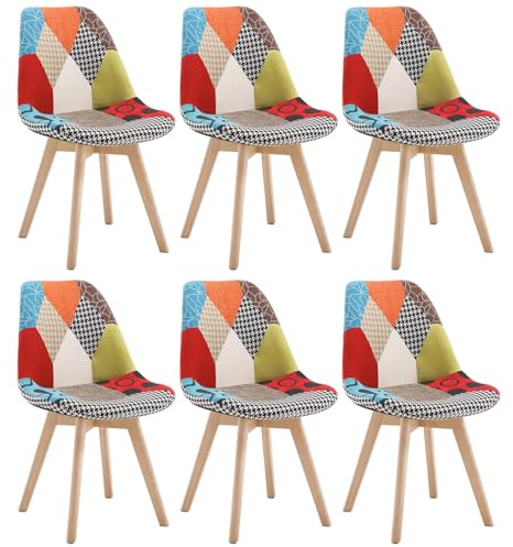 WOLTU Esszimmerstühle 6er Set, Küchenstühle mit Patchwork Design | mit Massivholz Beinen, Leinen, bis 150 kg belastbar, für Wohnzimmer Küche Esszimmer, Mehrfarbig