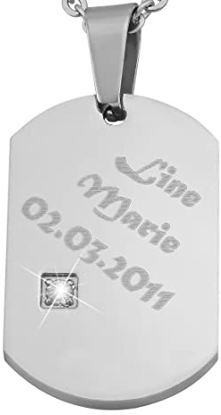 Hanessa Personalisierte Kette mit Gravur Edelstahl 50 cm mit Anhänger Dog Tag mit Strass-Stein in silber - Personalisierte Halskette für Freundin oder Freund - Personalisierter Schmuck Freundschaft