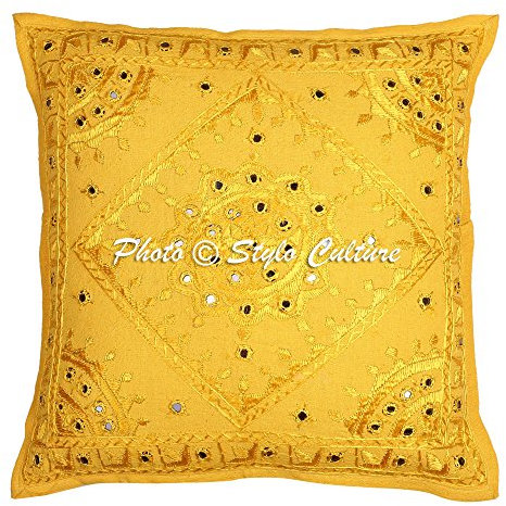 Stylo Culture Ethnico Fundas De Cojines Decorativos 40x40 cm Algodón Espejado Fundas Almohadones Sofa Amarillo Mango 16x16 Inch Bordado Cuadrado sobre Fundas Almohadones para Sillas - 1 Pc