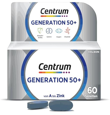 Multivitamin - Centrum Generation 50+ – Hochwertiges Nahrungsergänzungsmittel mit Mikronährstoffen – Für Erwachsene ab 50 Jahren – Vitamine, Mineralstoffe, Spurenelemente – 1x 60 Tabletten