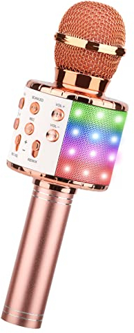 ShinePick Microphone Karaoke sans Fil, Micro Karaoké Bluetooth Portable avec LED Lumière Disco pour Enfants/Adultes Chanter, Compatible avec Android/iOS/PC/Smartphone (Or Rose)