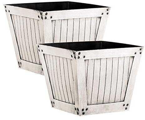 Slatted Wood Style Plastic Planter - Distressed White, Set of 2 - Suitable for Indoor or Outdoor Use - 34cm (H) x 40cm (Dia)