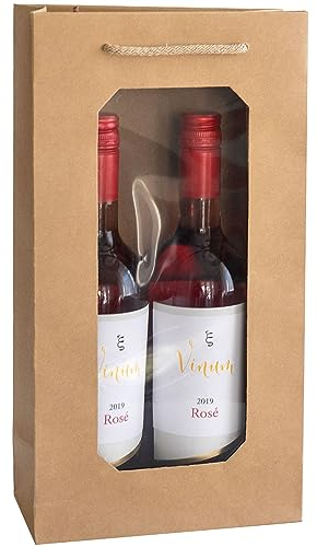 10 x Flaschentasche 2er Present Fill® Premium Flaschentüten Natur mit Fenster | 100% Recycling Kraft Papier 210 gr. Stark Made in Europe | Geschenktaschen | Geschenktüten | Weinflaschen Verpackung