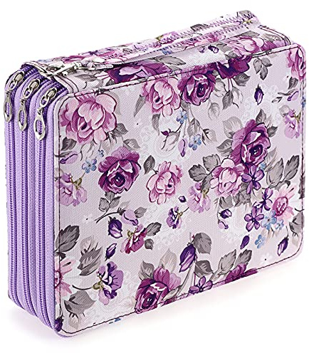 BSTKEY 120 Slots Stifthalter Aufbewahrungstasche, Multifunktionale Bleistiftverpackung Organizer mit Reißverschluss für Farbstifte Briefpapier, Lila Blume (keine Stifte)