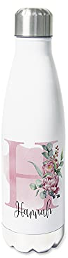 GRAZDesign Trinkflasche Edelstahl personalisiert Name, auslaufsicher Einschulung Geschenk, Thermosflasche Sportflasche Kinder/Erwachsene 500ml Pfingstrose und Eukalyptus