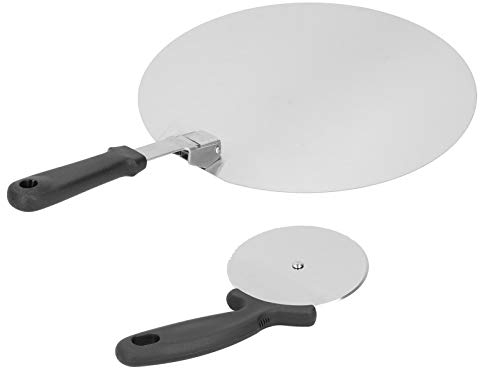 Pizza Peel, Foldable Metal Pizza Paddle with Ergonomic Handle, Stainless Steel Pizza Shovel and Wheel Set, 12 Inch Round for Home Baking, 2pcs