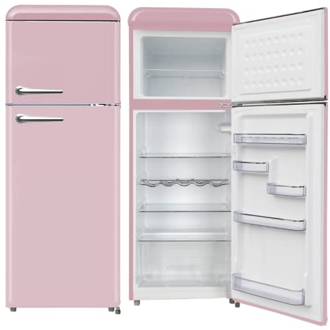 Wolkenstein Retro Kühl-Gefrierkombination WGK218RT SP Pink | 50er Jahre Retro Look| Nutzinhalt 208L l 4**** Gefrierfach l Höhe 147cm l Kühlteil 160L l Gefrierteil 48L l 184 kWh l [Energieklasse E]