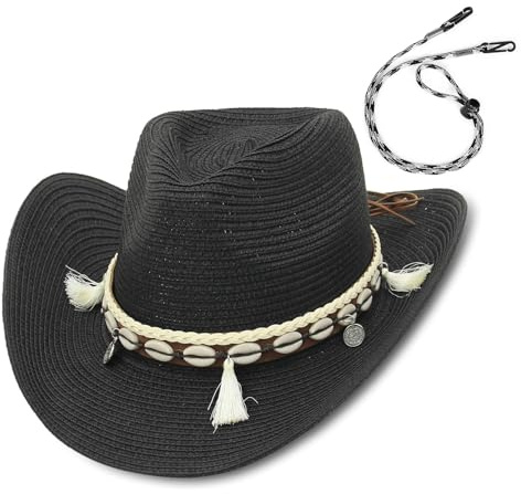 GEMVIE Sombreros de Paja para Mujer Sombrero de Sol Gorra de Playa con Cinta de Concha + UPF50 Ajustable y Empacable Mujer Sombrero de Verano Fedora Trilby (Negro)
