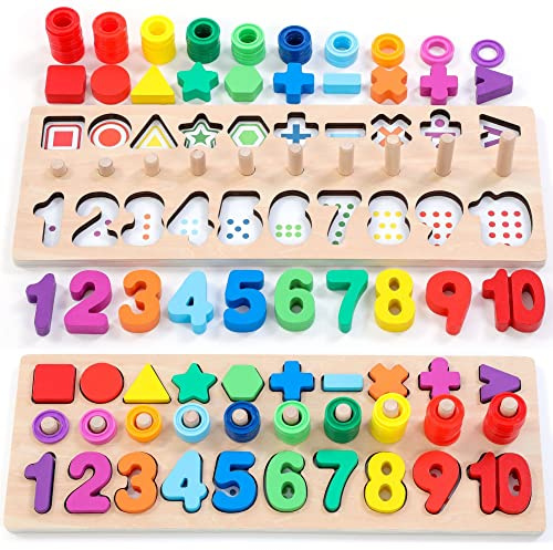 GeroCrew Wooden Montessori Toys for Kids Toddler Number Puzzles Sorter Counting Shape Stacker Stacking Game Preschool Toys for Boy Girl Learning Education Math Blocks Year Old Girl Gifts (Rainbow)