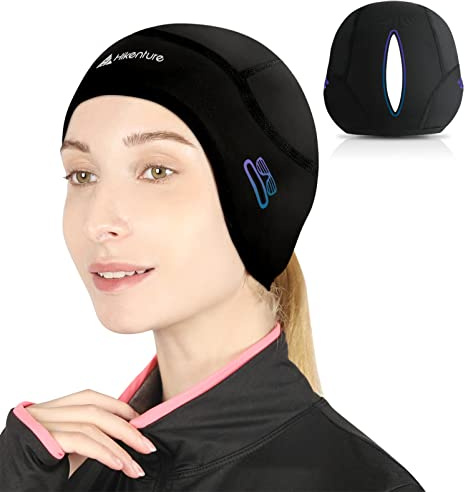 Hikenture Skull Cap Helmet Liner with Ponytail, Women's Winter Thermal Cycling Cap Running Hat Beanie with Glasses Holes Black