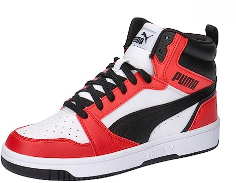 PUMA Unisex Kinder Rebound V6 Mid Jr Sneaker, Puma White Puma Black For All Time Red, 38.5 EU
