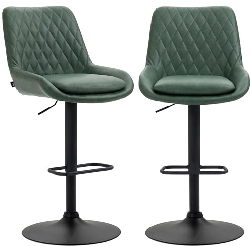 HOMCOM Breakfast Bar Stools Set of 2 with 51x40cm Wide Seat, Height Adjustable Kitchen Counter Chairs, Retro Swivel Upholstered Barstools with Back, Footrest and Steel Base, Green