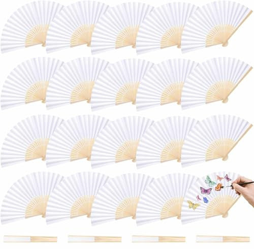 XCMVCN Fächer Hochzeit 48 Stück Set, Autoschleifen Hochzeit 24STK mit Fächer Hochzeit Gäste Geschenke 24STK Weiß, Handfächer Faltfächer Papierfächer Fecher Damen Hochzeitsdeko für Wedding Sommer Party