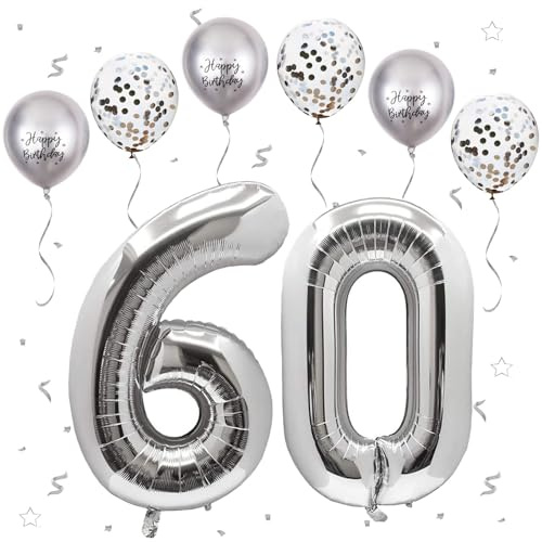 Silber Luftballon 60, Folienballon Zahl 60 Silber, 40 Zoll Helium Ballon 60, Geburtstagsdeko Folienballon Zahlen 6 & 0, Luftballon 60.Geburtstag Dekor-Set für Männer Frauen Geburtstag Party Deko