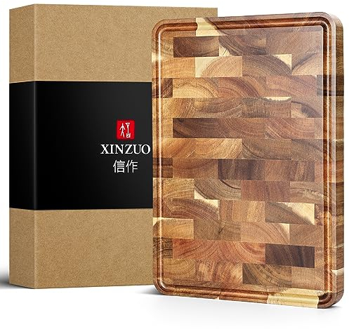 XINZUO Acacia Wood Cutting Board for Kitchen End Grain (13.8''L x 9.8''W x 1''T)-Wooden Chopping Board Meat Cutting Board with Non-Slip Feet, Side Handles and Juice Groove
