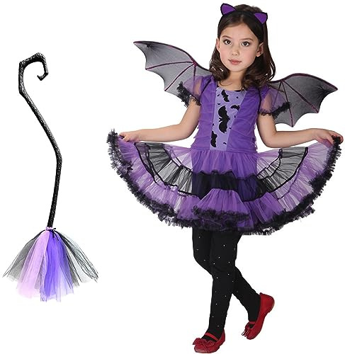 Licus Girls Bat Halloween Costume Witch Tutu Dress Cosplay Costume Dress Up with Detachable Witch Broom (Purple, 3-4 Years)