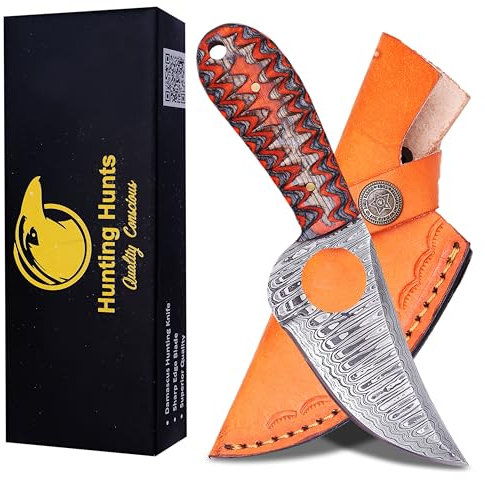 HUNTING HUNTS Predator Hunter - Handgefertigtes Damastmesser mit Lederscheide - Für Skinning, Camping, Outdoor - EDC 17,8 cm feste Klinge Bushcraft Messer | Rot Schwarz Exotischer Holzgriff