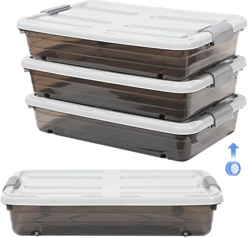 Beeveer 4 Pcs Plastic Under Bed Storage Containers with Lid Wheel Handle, Transparent Large Capacity Stackable Latching Storage Bins for Closet Bedroom Clothes Shoes (Brown,23.7 x 15.8 x 5.2)