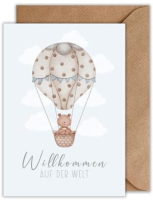 WBdesignz „Willkommen auf der Welt“ – DIN A6 – Babykarte mit Bär & Heißluftballon – neutrale Glückwunschkarte zur Geburt für Mädchen & Jungen