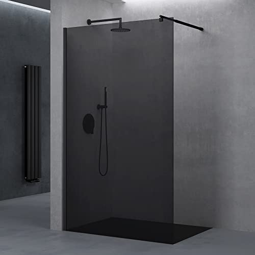 doporro Walk-In Duschwand 80x200 cm Duschabtrennung 8mm ESG Vollgrau | Duschwand mit Nanobeschichtung | rundem Stabilisator aus Edelstahl | Aluminiumrahmen in Schwarz | Bremen01VG