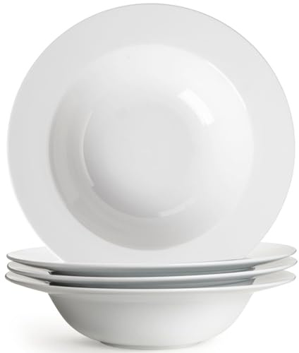 Wareland Pasta & Salad Bowls - 40oz White Ceramic Soup Plates - Set of 4, Large Pasta Plates, Wide Rimmed, Microwave & Dishwasher Safe