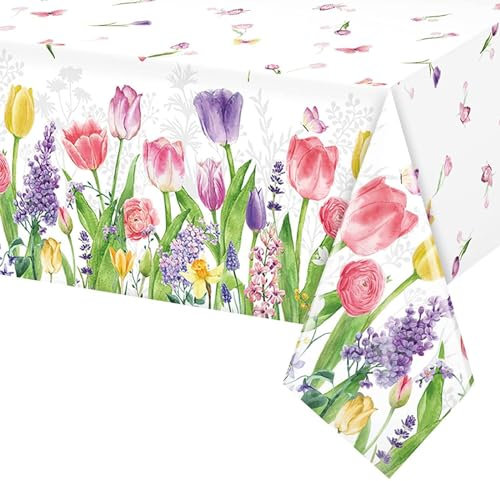 LOMYLM Summer Party Decorations Tablecloth, Mothers Day Decorations Plastic Tablecloth Tulip Flower Butterfly Table Cloth Disposable Table Cloth for Spring Summer Wedding Birthday Party, 137 * 274cm