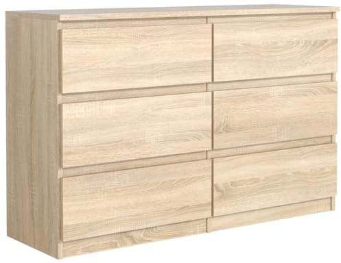 MebLocker Kommode 140 cm, 6 Schubladen, Sonoma & Eiche | Sideboard, Wohnzimmer Flur Schlafzimmer, Moderne Schlafzimmermöbel, Kommodenschrank 138,6x78,5x39 cm