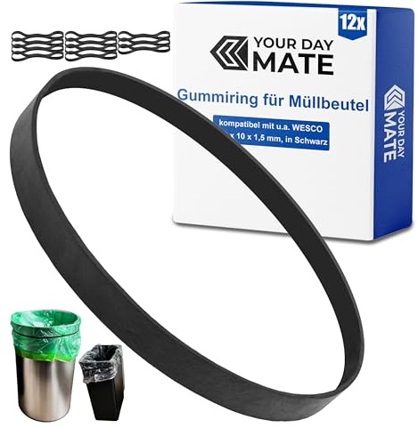 Anillo de goma de repuesto para bolsas de basura, 12 pzs, compatible con cubos de basura WESCO con inserción individual, 120 x 10 x 1,5 mm, en Negro, bandas de goma para cubos de basura