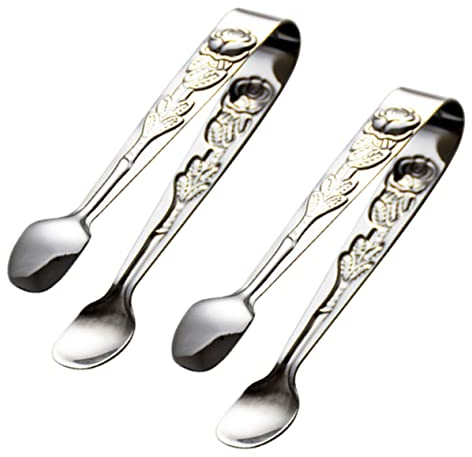Zerodeko 2pcs Stainless Steel Ice Cube Clips and Mini Food Sugar Tongs Rose Pattern Small Serving Tongs for Home Kitchen and Party