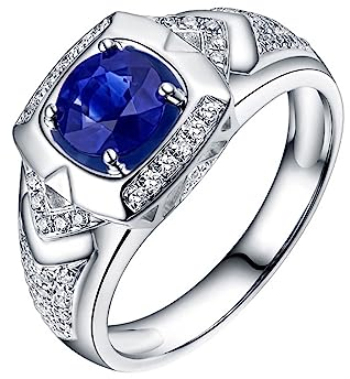 Vorsteckring Gold 750, Promise Ring Men Quadrat 4 Prong Labor Geschaffener Saphir 1ct Runde Form Blau Trauringe Größe 52 (16.6) 18 Karat Weißgold