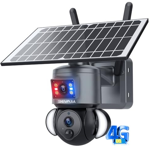 SHIWOJIA 3G/4G LTE Solar Surveillance Camera with SIM Card, 4G Outdoor Solar Camera with Dual Lens 360° PTZ, PIR Human Detection, Color Night Vision, IP66