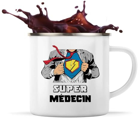 Planetee Tasse métallique Super Médecin | Mug Émaillé Métal Timbale Camping et Randonnée Métier Collègue Cadeau Travail Boulot Départ Retraite