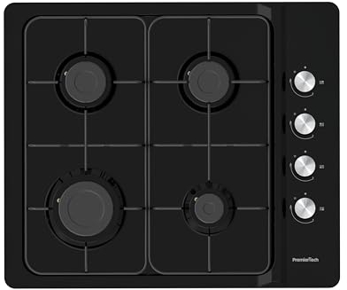 PremierTech Piano Cottura a Gas, 4 fuochi, 60cm, Smaltato Nero, da Incasso 56x48cm, Acciaio Inox, predisposto Metano e kit ugelli GPL inclusi, P460BL