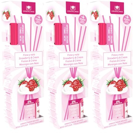 CRISTALINAS | Pack 3 Ambientador Mikado con Varillas | Larga Duración 4 Semanas | 0% Alcohol | 3x30ml (PACK 3, Fresa y Nata)