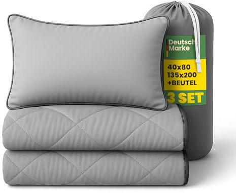 Bestlivings Reise Bettenset 2tlg - Anthrazit/Hellgrau - (135x200cm / 40x80cm) Sommer-Bettdecke inkl Reisetasche ÖKO-Tex 100 - Wendedecke für Reisen, Urlaub, Camping, Festival