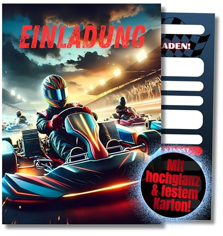 HIDEBLOOM Kart Einladungskarten Geburtstag Junge - 12 Stück - DIN A6 (10,5 cm x 14,8 cm) - Einladung Kart Fahren Geburtstagseinladungen - Einladungskarte Gokart