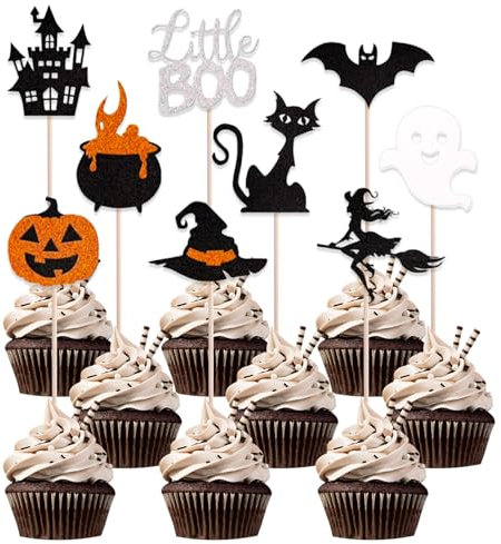 KOBOKO 18 Stück Halloween Tortendeko: Fledermaus, Glitzer Deko, Ghost, Cupcake Toppers Katze, Kürbis Kuchendeko