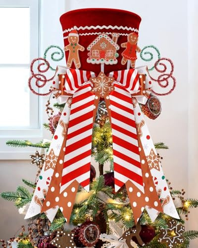 KAHEIGN Cimier de Sapin de Noël, 25CM Grande Rouge Pointes de Sapin de Noëls Chapeau Haut avec Pain D'Épices et Ruban à Nœud Rayé pour Maison Noëls Vacances Hiver Fête Décor Bureau Ornements