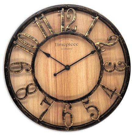 K&L Wall Art große Vintage Wanduhr industrielle Landhaus Wanduhren Holz-Metalloptik ohne Tickgeräusch lautlose Uhr (Farmhouse Brown, Ø 30cm)