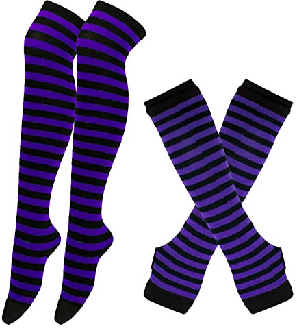 HzDazrl Gestreifte Kniestrümpfe für Damen, Armstulpen, fingerlose Handschuhe, Set, Halloween, Party, Y2K, Gothic, Strümpfe, Handschuh-Sets, schwarz / lila, One size