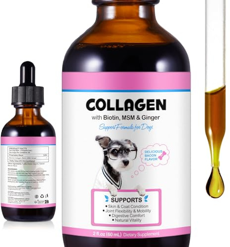 Kollagen für Hunde, Haut und Fell Ergänzung, Flüssiges Kollagen für Hunde Stärke Joint Support, Flexibilität & Mobilität, Ergänzung für Hüfte und Gelenke, 60ml