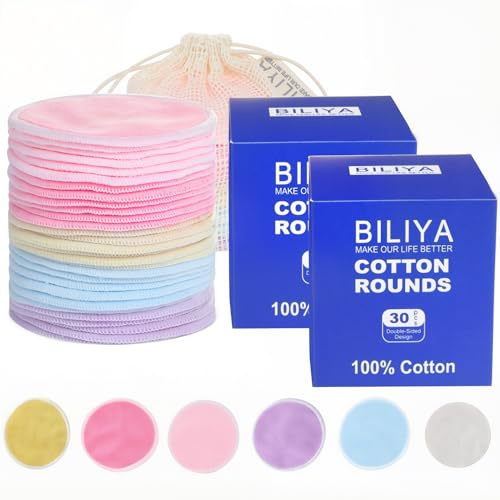 BILIYA Reusable Makeup Remover Pad 60 Pack, Eco-Friendly Cotton Laundry Bag, Reusable Face, Eye & Lip Makeup Remover Pads, Round Cotton Pads for All Skin Types
