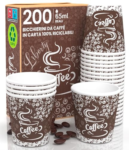 200 Bicchierini in Carta per caffè 65ml Riciclabili Monouso Piccoli | Coffee Liberty Bicchieri Asporto Bevande Calde