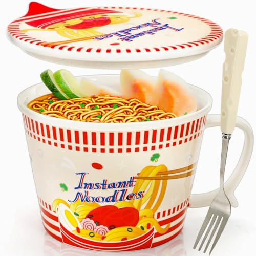 Pumtus Ceramic Ramen Bowl with Lid, 35 OZ Large Japanese Instant Noodle Cup with Fork & Handle, Cute Deep Soup Mug Set, Cereal Porridge Tableware for Home Office Dorm, Microwave & Dishwasher Safe