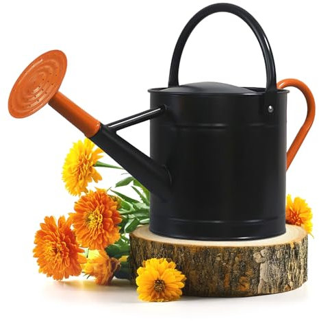 Plexon Metall-Gießkanne für den Außenbereich, für Blumenpflanzen, Garten, große Gießkanne mit orangefarbenen Griffen und abnehmbarem Sprühausguss, 3,5 l, Schwarz